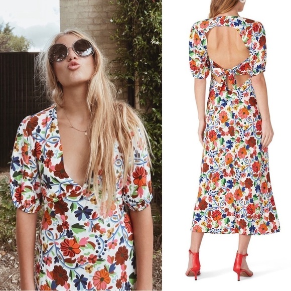 RIXO Floral Print Crepe Short Sleeve V-Neck Tied Cutout Open Back Midi Dress XS - Picture 7 of 16